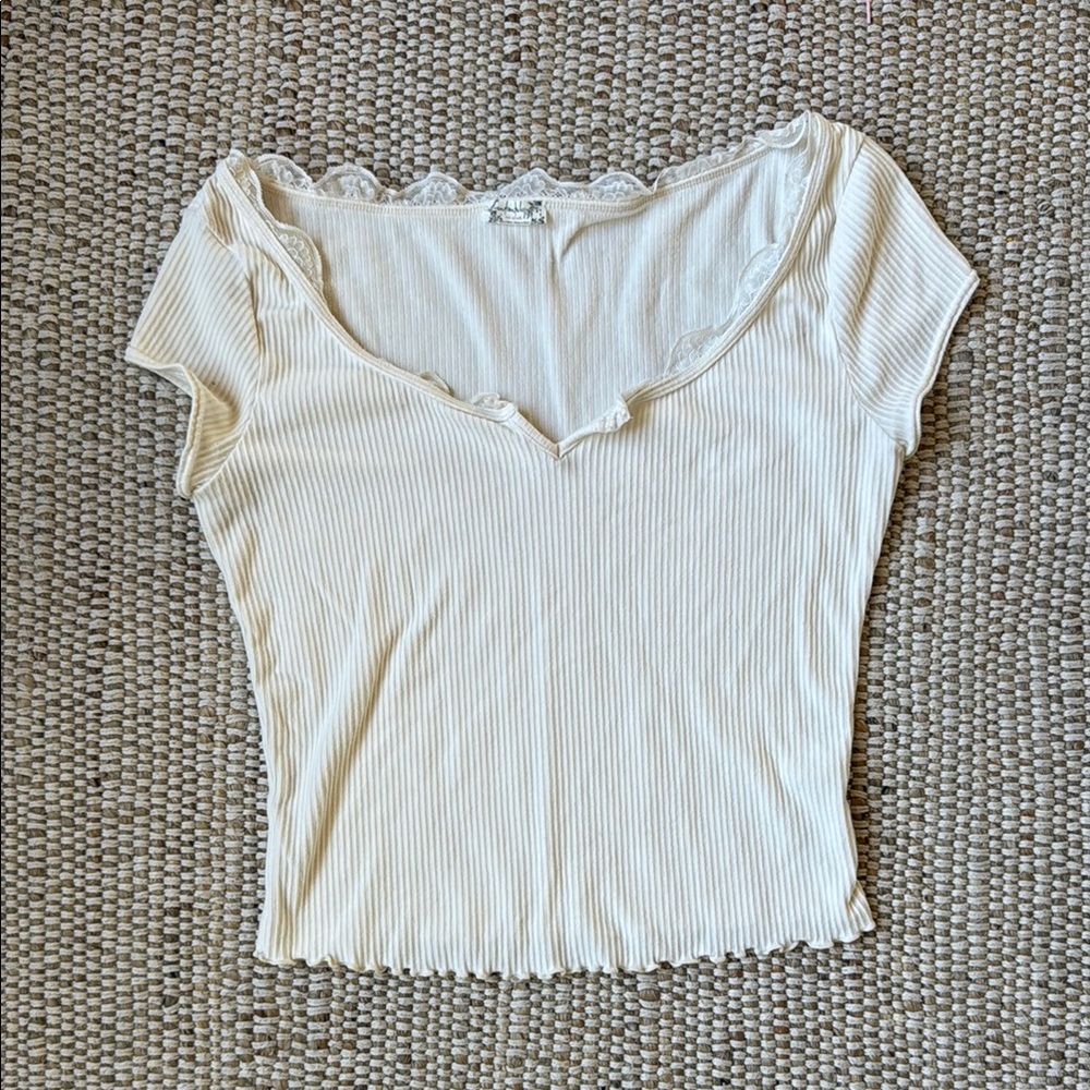 Free people Ribbed Lace-Trim Short Sleeve Top - Cream